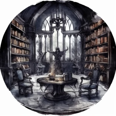 Gothic style library room with watercolor effect, suitable for digital clipart, white background, gothic scene, gothic colors, gothic tools, gothic roses,skull,dark scene