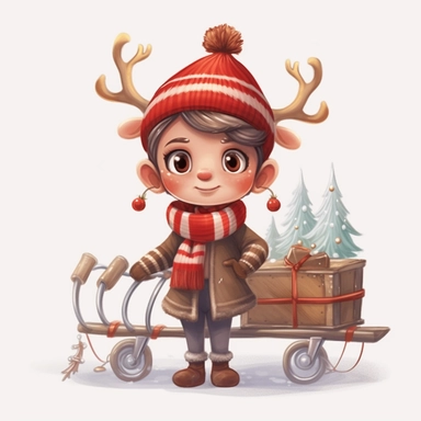 cute christmas winter reindeer elf BOY wearing winter coat woolly hat and scarf and boots pulling a sleigh full of Christmas gifts isolated on a white solid background Clipart