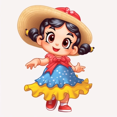 a cute blond little girl dressed for a brazilian junina party, with a blue and yellow flowing dress, braids in her hair, red shoes, happy, Monica's gang style, Graphics Maurício de Sousa, digital art, big eyes, cartoon, clipart , country girl from festa junina from brazil cute drawing white background