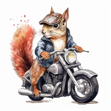 squirrel riding on harley davidson, motorcycle gang outfit, handpainted,watercolor, vector, clipart, clean white background