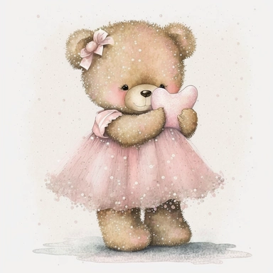 watercolour fairytale cute baby Teddy bear in pink glitter tutu dress beautifully detailed holding baby pink love heart perfectly detailed, png image high resolution,300dpi,graphic clipart,computer graphics