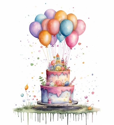 cake, balloons, and cake clipart, in the style of stephanie pui-mun law, drippy paint splatters, helen allingham, instax, joyful celebration of nature, ink-washed, festive atmosphere