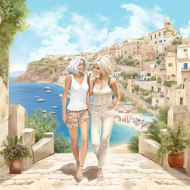 panoramic view, full view, landscape, two beautiful older middle-aged female best friends, one with long blonde hair and one with short blonde hair, same height, posing, smiling, beautiful faces, along a cobblestone walkway in a beautiful mediterranean town with view of beautiful blue water, cascading bougavanelia, beautiful summer day, illustration clipart, photo realistic, romantic, fantasy, ethereal, sharp focus, high detail, (--iw 5)