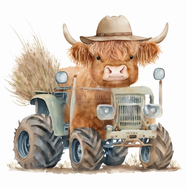 watercolor clipart cute brown baby highland cow wearing straw hat next to tractor