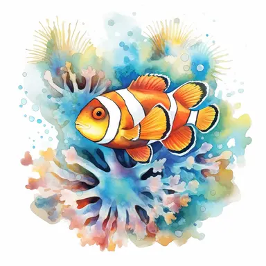 watercolor clown fish and sea anemones, shades of coral turquoise yellow and blue, glamorous, very detailed and realistic, white background with margins, clipart style