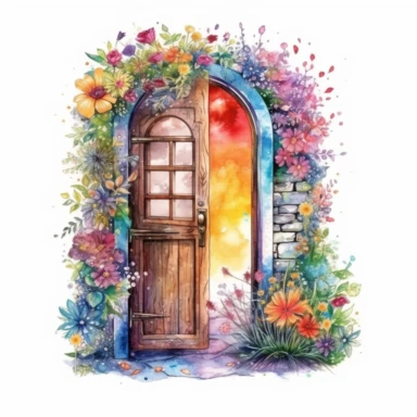 Adorable magical old open door with wildflower, nebular mix background, clipart, photorealistic illustration, watercolor, high detail, 8k polished, 8k, vibrant colors, sticker, majestic, die cut, white background