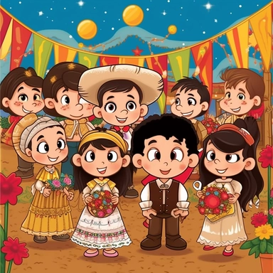 a wedding with several guests at a brazilian festa junina, happy, Monica's gang style, Graphics Maurício de Sousa, digital art, big eyes, cartoon, clipart , country girl from festa junina from brazil cute drawing