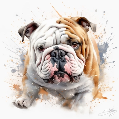 cute English Bulldog dog portrait, full face, centered shot, side shot, dynamically posed, in action, playful mood, happy mood, playing mood, cute face, adorable smile, childlike eyes, clean watercolor illustration, white background, nursery baby imagery, painting, detailed, 8k, PNG, clipart,