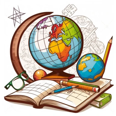 math problems, globe, map, compass, books, science, clip art, hand drawn, fun, white background--ar 16:9
