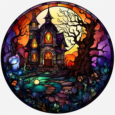 Stained Glass halloween spooky house in the shape of a circle PNG Clipart