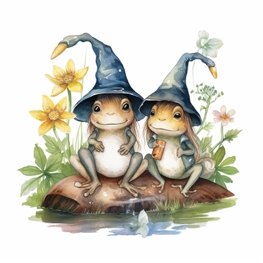 two Cute Frogs dressing as wizard clipart, vintage illustration, vintage print poster, Woods Forest Animals Frogs PNG Frog Daisy Flowers Water Lilies Sublimation watercolor print, white background, watercolor paint, procreate watercolor drawing, Watercolor Sublimation design, realistic cartoon, realistic water based colors, clipart, transparent white background