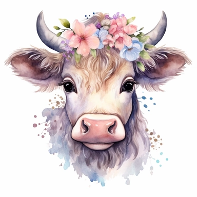 Cute Beautiful Pastel Color Fairy Cow Cattle Flower Watercolor Sublimation Clipart,Cartoon,hyper realistic, intricate detail, illustration style,high solution,on the white background