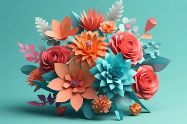 3d render, craft paper flowers, round floral bouquet, botanical arrangement, bright candy colors, nature clip art isolated on sky blue background vector art illustration
