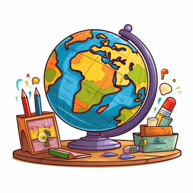 Transport your educational designs to a world of imagination and learning with a delightful cartoon-style clipart of a desk globe against a clean white background. Picture a charming and animated desk globe, featuring vibrant colors, cute facial expressions, and playful details. The continents and oceans on the globe can be depicted in an appealing and simplified manner, ensuring easy recognition while maintaining a whimsical aesthetic. Against the white background, the cartoon-style desk globe 
