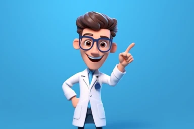 3d render, cartoon character doctor shows finger up. Cute man wears glasses. Medical clip art isolated on blue background