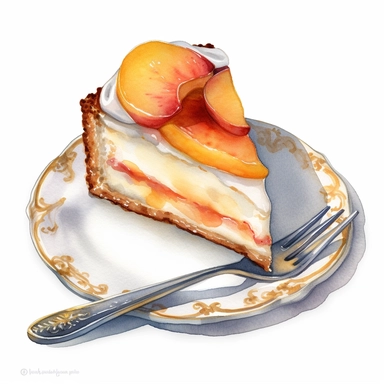 Cute french - style a delicious slice of peach cake clipart, 1940, watercolor clipart, vintage plate, vintage knife, vintage fork, watercolor, realistic watercolor painting in storybook illustration, Angela Barrett, Elsa Beskow, highly detailed, 8k, high resolution, crisp details, white background