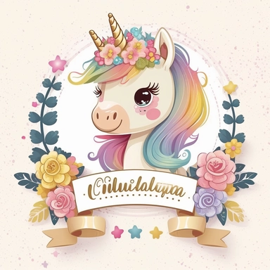 cute unicorn in chibi style with flowers in hair, colourful rainbow colours, well lite, with name plate ribbon with gold trim, watercolor clipart using procreate grain brush, svg white background