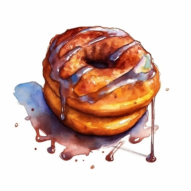 a cinnamon Donut in the style of watercolour clipart with detailed brush strokes