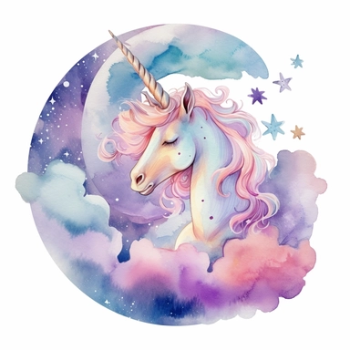 Watercolor Moon first quarter with clouds and a unicorn Clipart