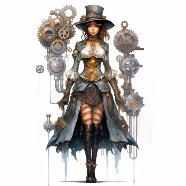 steampunk victorian girl prototype, full body, watercolor, gears, pinions, calipers, clocks, rivets, top hat, clipart, duo tone, realistic, ultra resolution, vivid detail, 8k, minimal watercolors, white background