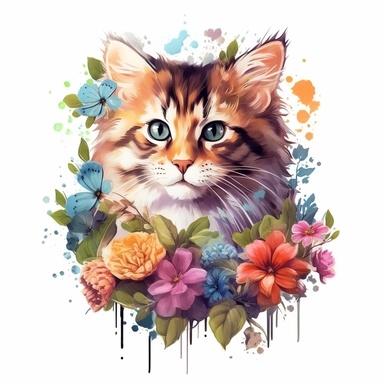 Beautiful colorful full kitten on flowers, summer vibes, hand drawing digital art, clean design, sublimation, colorful, watercolor style, white background, 4K, extremely detailed, clipart