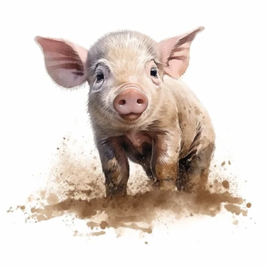 Watercolour cute baby pig in mud, beautiful details, ultra detailed, ultra photo real intricate detailed, high definition, graphic clipart, hyper realistic, detailed, white background