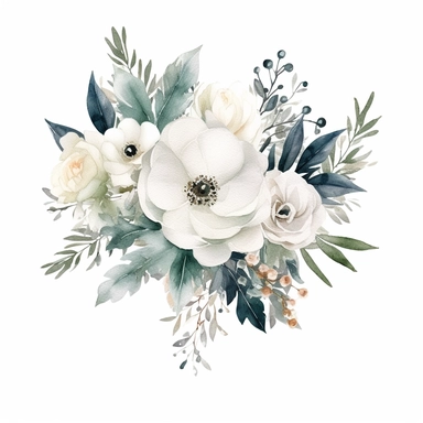 one white floral bouquet Watercolor clipart with white background and leaves by sarah tuscany, in the style of digital gradient blends, dau al set, decorative borders, ue5, black background, kinuko y. craft, ephemera, no watermark, text, 300 DPI , typography, shapes do not stick together, no text in the picture, on a white background
