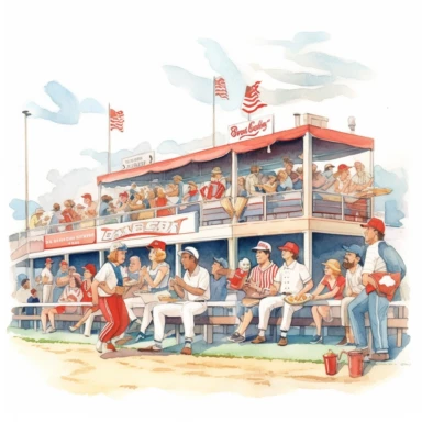 A retro-style baseball game at a local stadium, with spectators cheering and enjoying classic ballpark snacks, clipart, watercolor, white background, american style