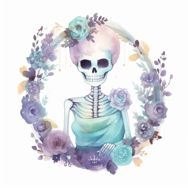 pastel female skeleton with a flower crown and a dress in a circle, half body, cute but spooky Halloween, shades of pastel purple and aqua, glamorous, watercolor, white background with margins, clipart style — uplight