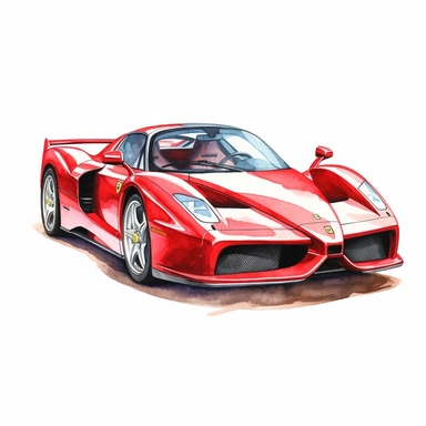 Clipart of a Ferrari Enzo minimal details, aquarel colored cartoon style with thick borders. Only the car. White background, no floor, no shadow