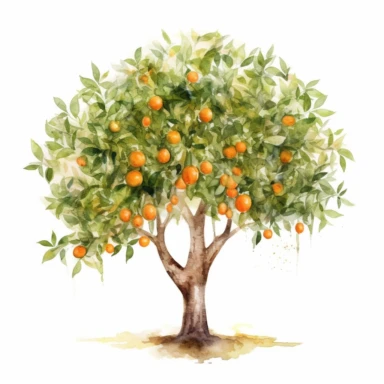 full orange tree, watercolor clipart, minimalist, bright colors, isolated white background, 8k