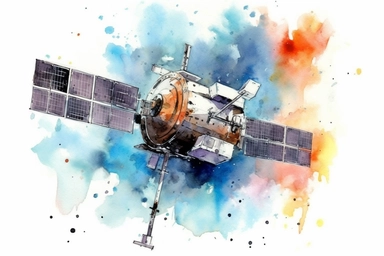 Watercolor, Design an image highlighting a satellite in a geostationary orbit, providing continuous coverage over a specific region on Earth clipart, hd, on a white background, spaced out