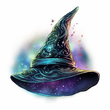 discopunk witch hat, old and worn, swirling color with tiny stars in the background, northern lights, isolated on white background, clipart, highly detailed