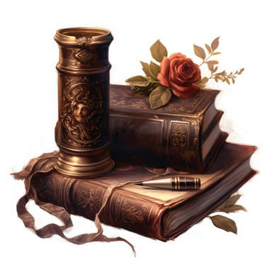 an old book laying on a table, in the style of charlie bowater, victorian era themes, wimmelbilder, rtx on, camille-pierre pambu bodo, dark and brown, gianni strino, clipart, white background