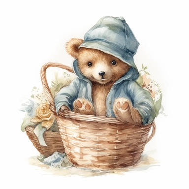 Fairy tale cute teddy bear with clothes, bear cub, hat, basket, watercolor illustration, white background, clipart, ultra detail, 4k, vintage colors, light brown, beige, light gray blue, light green, white background