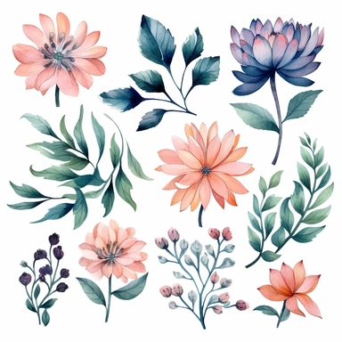 atercolor, handpainted floral clipart, transparent background, 6 elements evenly spaced out by 1 inches