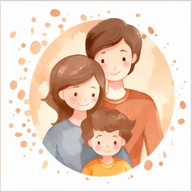 an aesthetic watercolor sticker of a happy family. Clipart drew by watercolor. Faded beige color palette. White background. Artistic. Minimal. Hand-drawn.