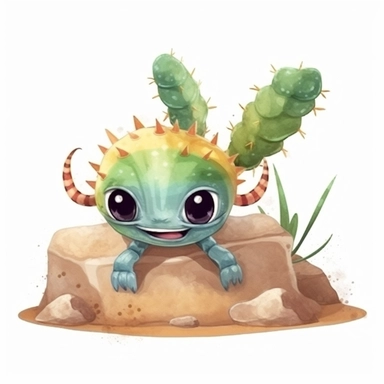 a baby scorpion with cute big eyes, happy smiling face, cute animal, adorable, playful atitude, adorable watercolor animal clipart with a few cactus and sand decor, no background, high quality