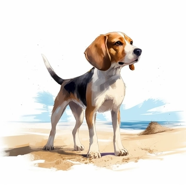 realistic Beagle dog standing on the beach clipart , white background