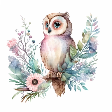 watercolor cute cartoon fantasy owl defined edges Floral Clipart pastel color white background