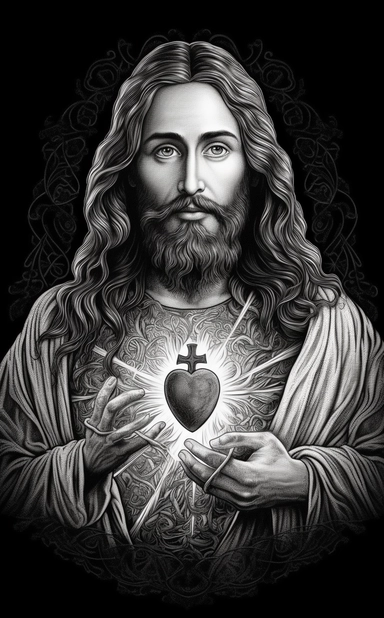 jesus holy heart clipart, in the style of black and white realism, traumacore, tachist, stencil-based, creative commons attribution, dark navy and gray, flawless line work