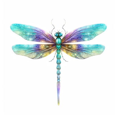 a beautiful ethereal dragonfly, clipart, blue cyan green purple pale yellow, clipart, hd, centered, white background, image only