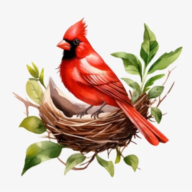 red cardinal bird with nest, clipart, minimalism, watercolor, green leaves