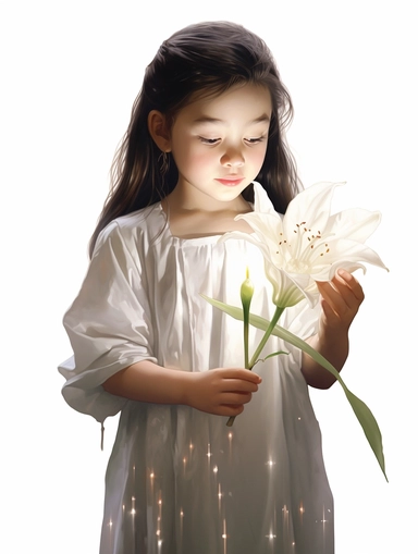 a child holding a Lily were holding only became apparent afterwards. an uncommon crystal flower's powers, clipart png, realistic, digital painting, WHITE BACKGROUND, fantasy style, realistic, painting, watercolor, 8k, ultra details,