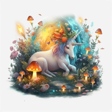 magic forest with glowing mushrooms, fireflies, and a unicorn resting on a bed of leaves, fantasy, magic, Fantasy Clipart, PNG Clipart, Illustration clipart, white background, vivid color, 4K, extremely detailed