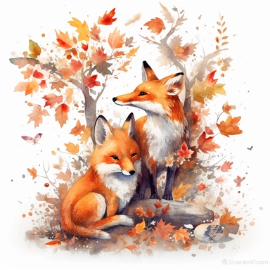 A whimsical scene of a fox and a rabbit sitting on a tree branch, surrounded by a flurry of leaves and flowers. The fox and rabbit are rendered in Marumiyan's signature style, Clipart, 8k, HD, white background