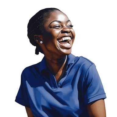 photo-realistic beautiful and physically fit African American woman, age 25, wearing a royal blue polo shirt, laughing at a very funny joke, on white background for vector clipart