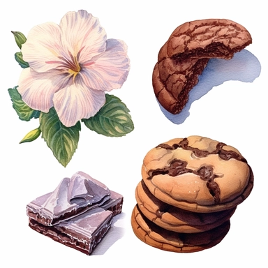4 watercolor cliparts of neoclassical delicious chocolate cookies with flowers inside and on them, yaka art, Hyperrealistic still life, aurorapunk, 1990s, appropriation artist, hellenistic art