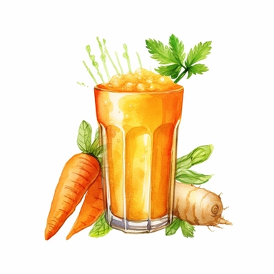 Carrot ginger juice logo watercolor,simple Watercolor, hyper realistic, white background, white margins, 16k, ultra detailed clipart, cut out image, hand - drawn, whimsical manhwa style, ultra HD, sharp and clean art
