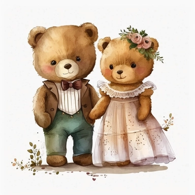 cute teddy bears getting married, handpainted, clipart, white background